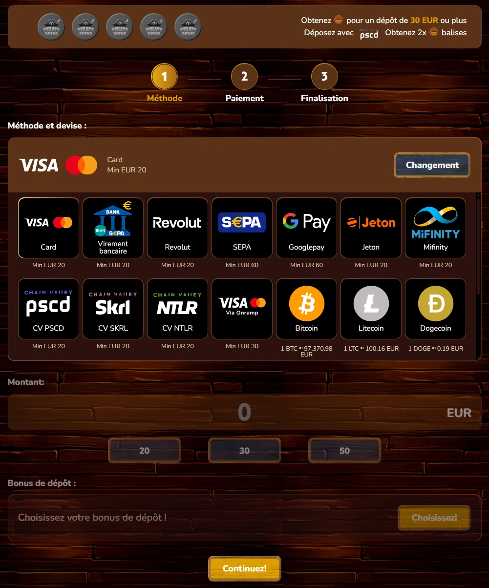 Pirate Spins Moyens de Paiement