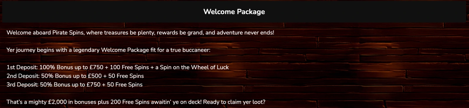 Third deposit bonus at piratespin — 100%, £750